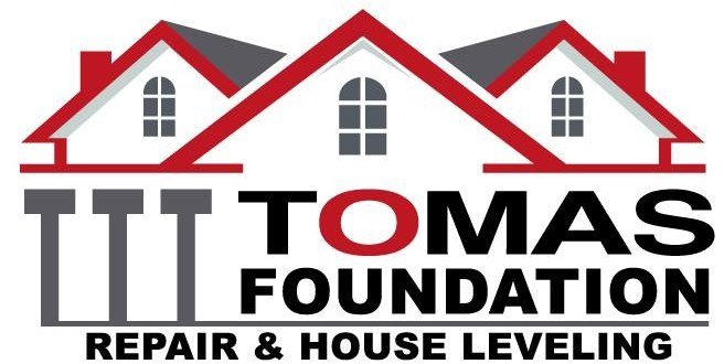 Logo for "Tomas Foundation Repair & House Leveling" featuring a red house roof icon and foundation pier graphics.