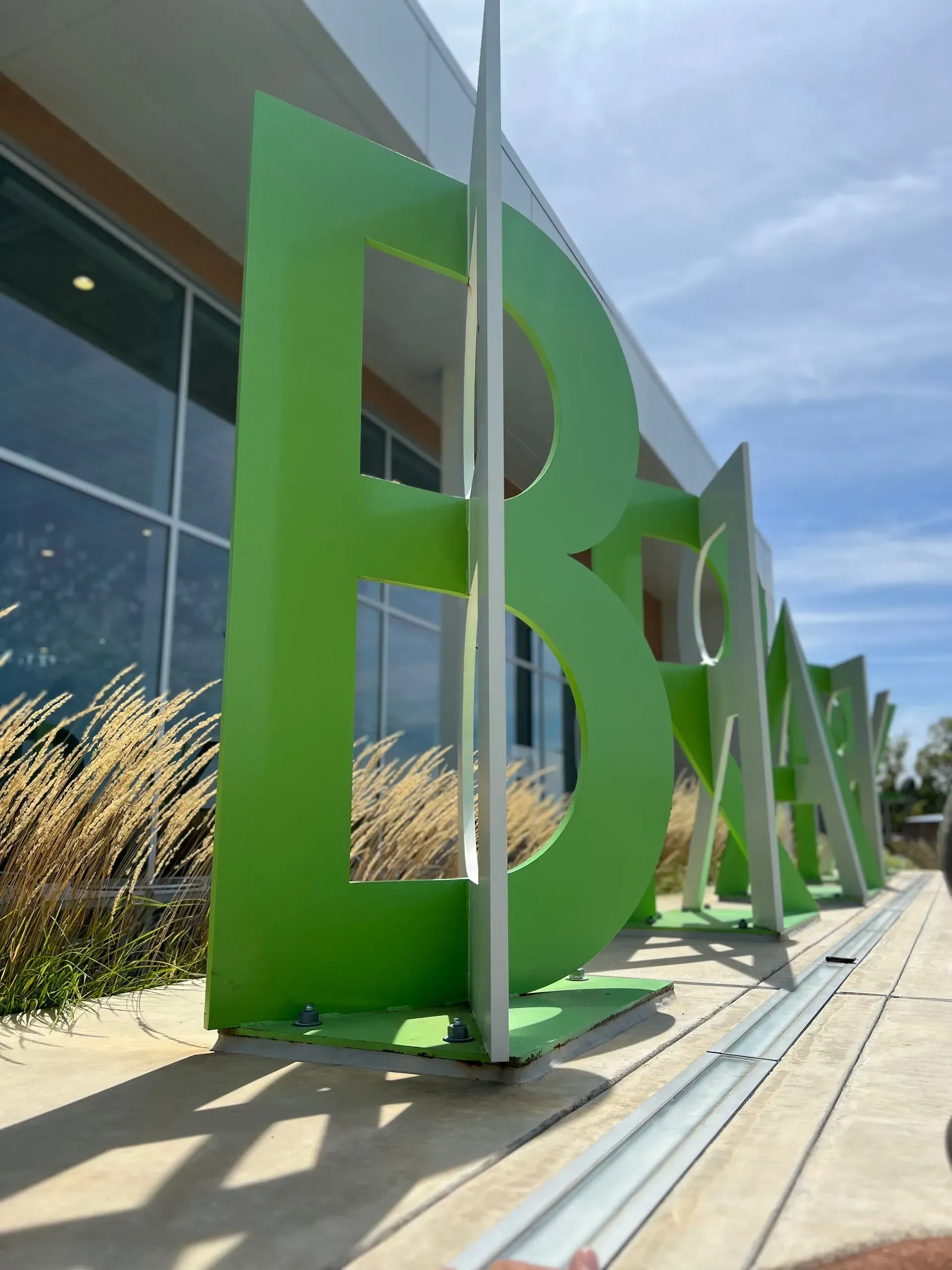 Large, green sign outside a building with glass windows and tall grass in sunlight.