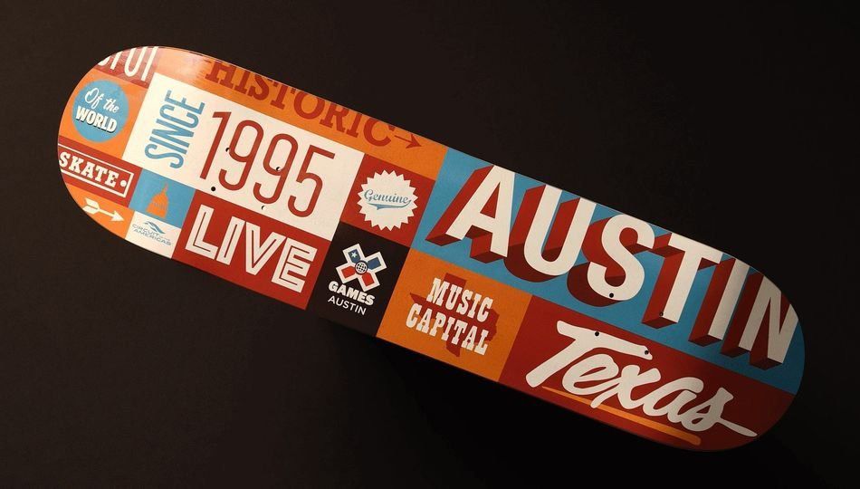 Orange and white Austin, Texas skateboard deck graphic with “1995” and “LIVE” text
