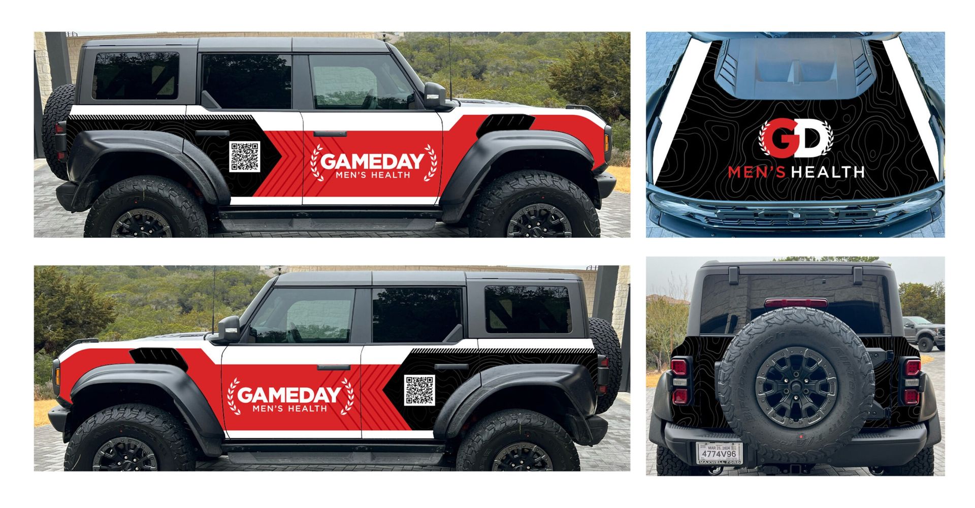 Black and white off-road SUV with red “Gameday” graphics shown in side, rear, and rear-view collage