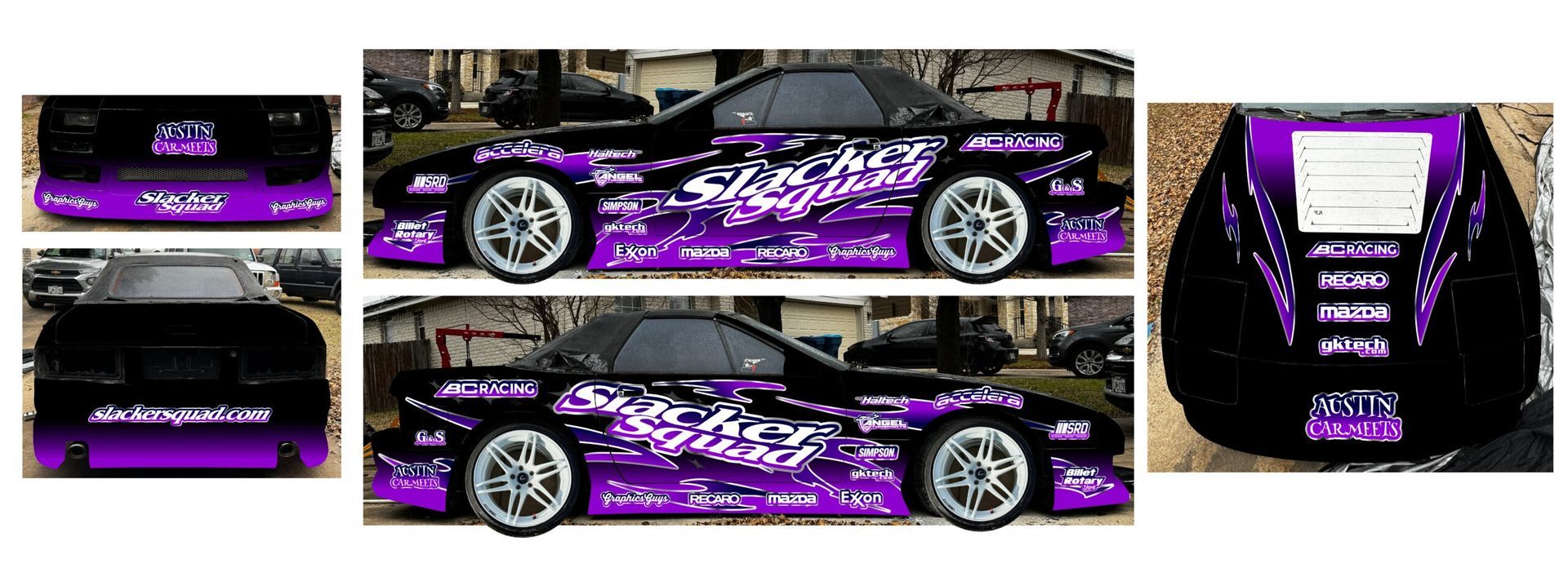 Purple and black custom sports car with graffiti-style graphics shown from multiple angles