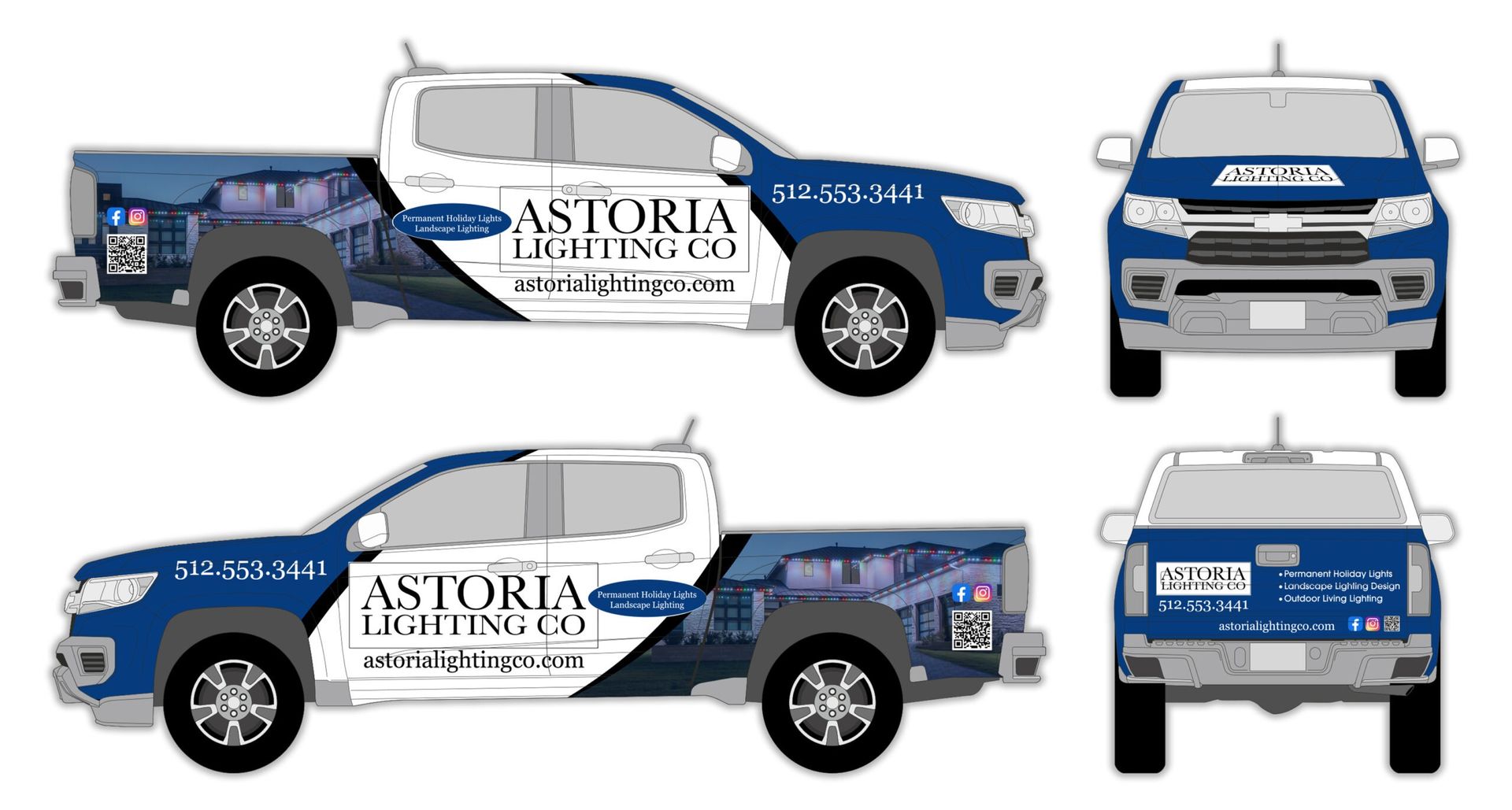 Blue-and-white Astoria Heating Co. pickup truck shown from side, front, and rear views
