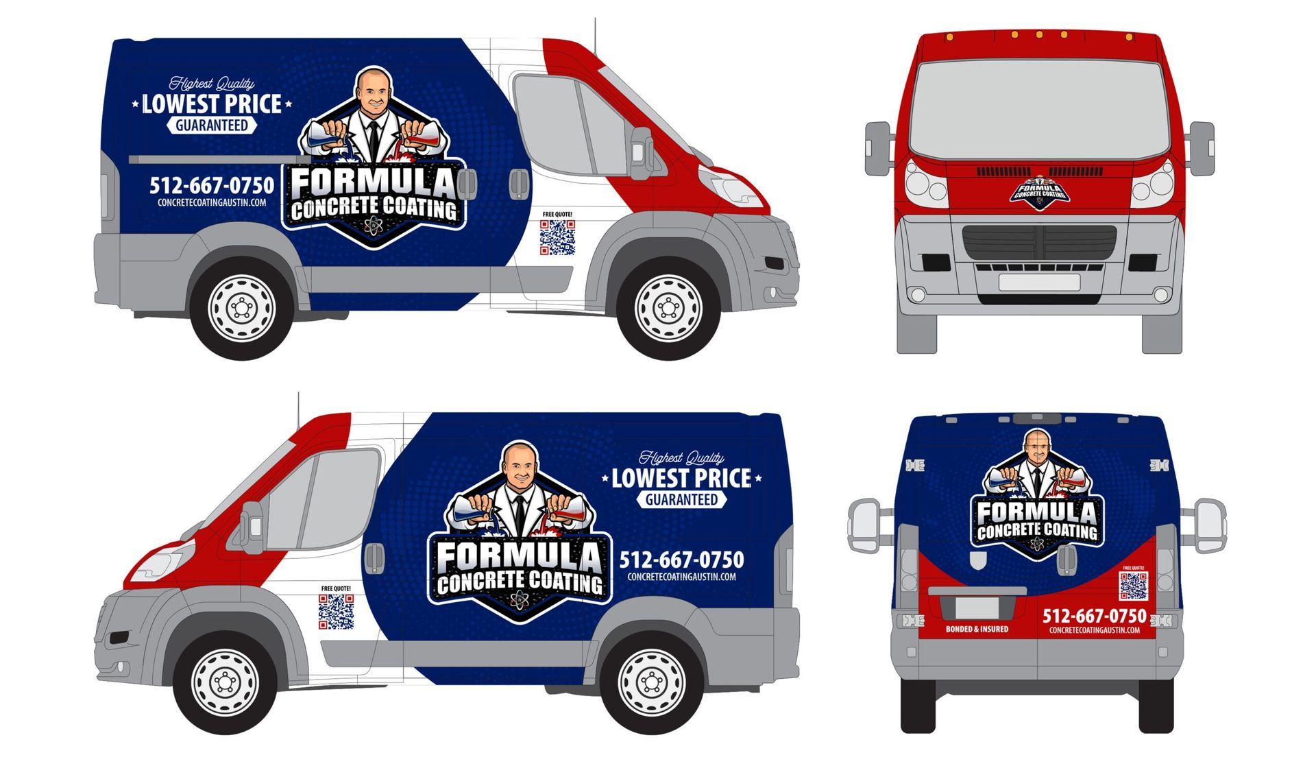 White and red delivery van with blue advertising wrap shown from multiple angles