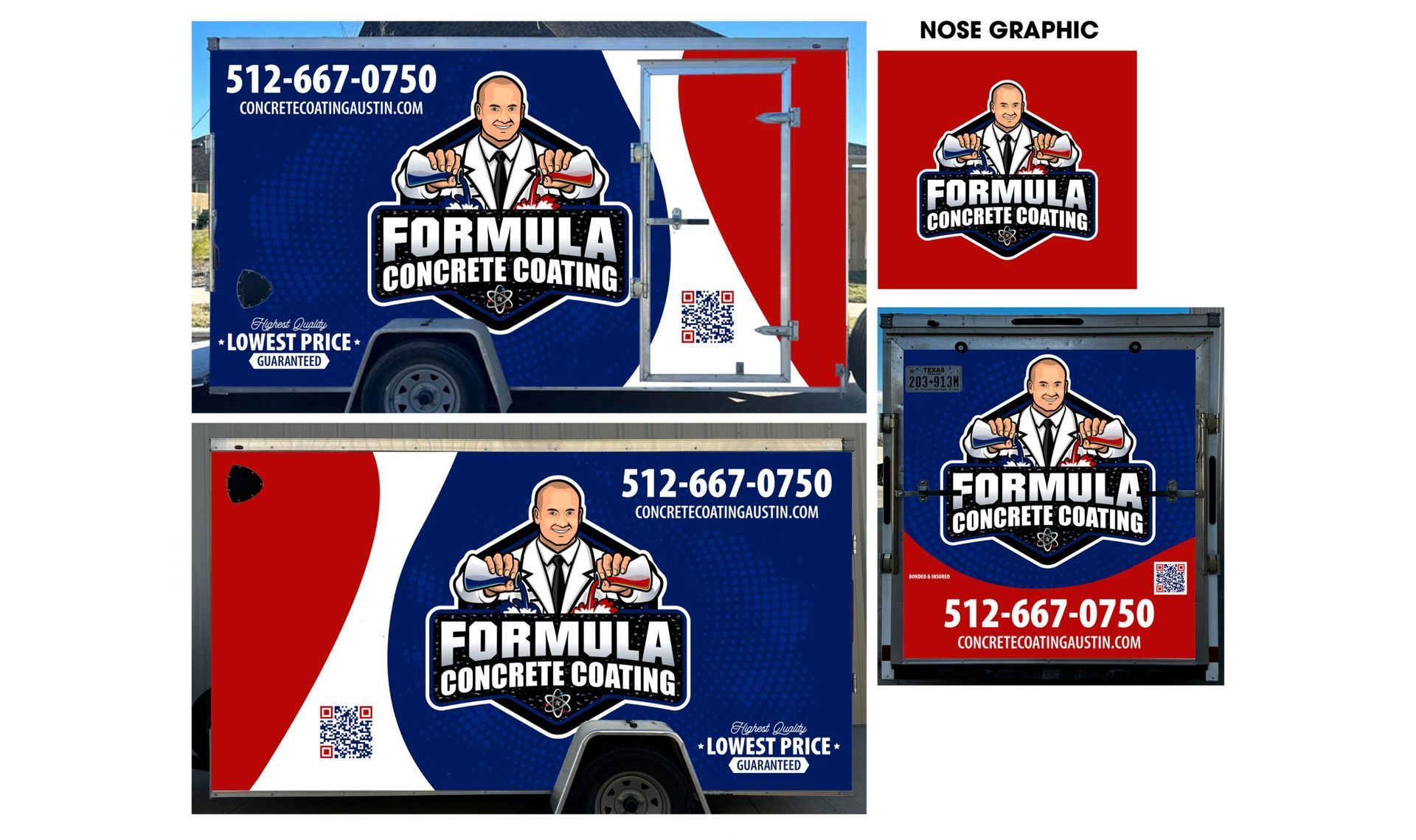 Business card design for Formula Concrete Coatings in red, blue, and white, with logo and phone number.