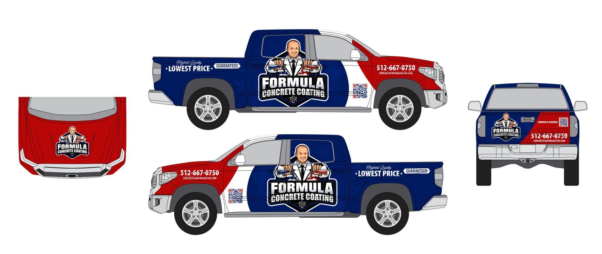 Red, white, and blue pickup truck with sports graphics shown from side, front, and rear views