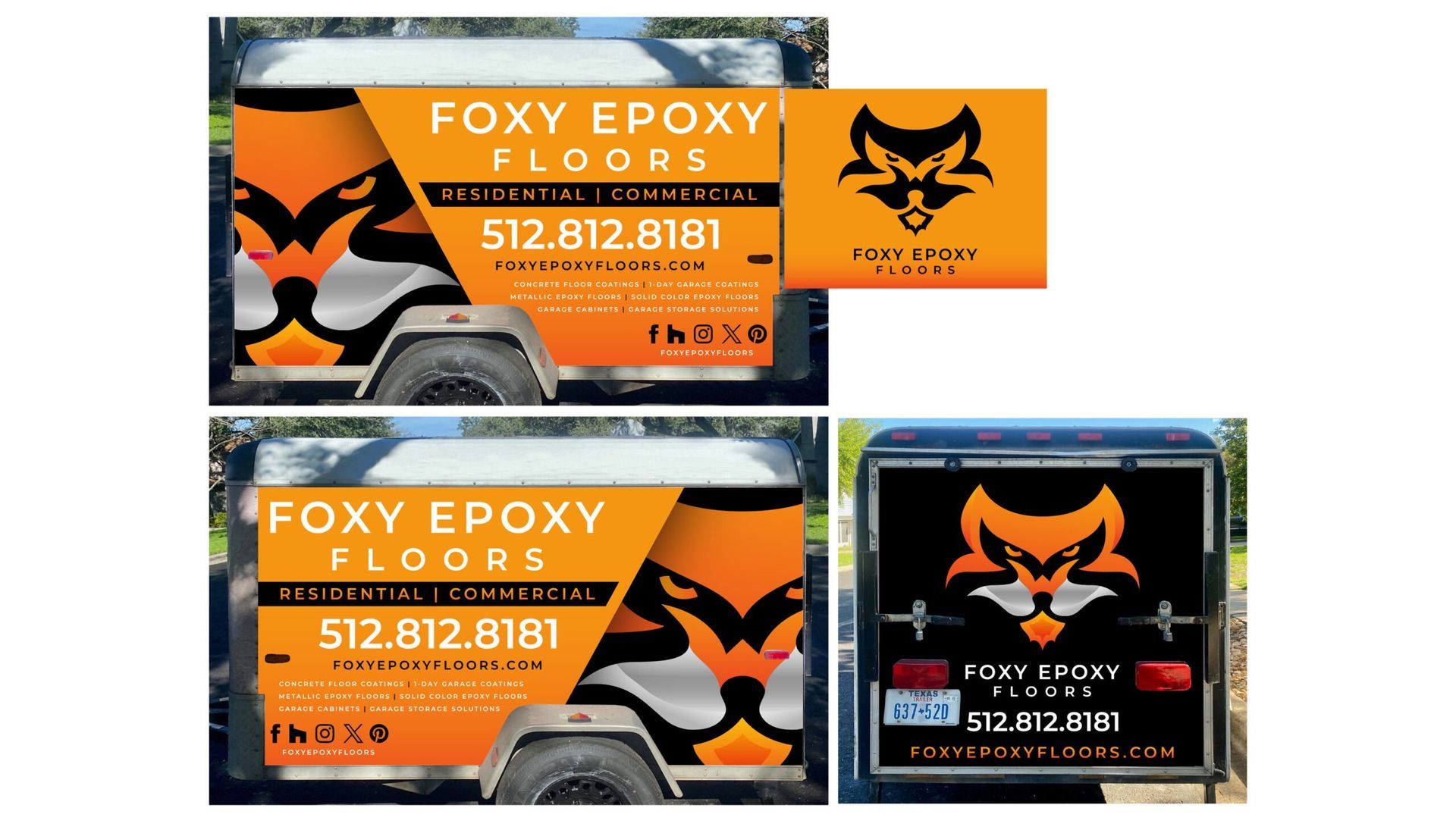 Foxi Epoxy Floors orange-and-black vehicle and business signage with fox logo and contact number.