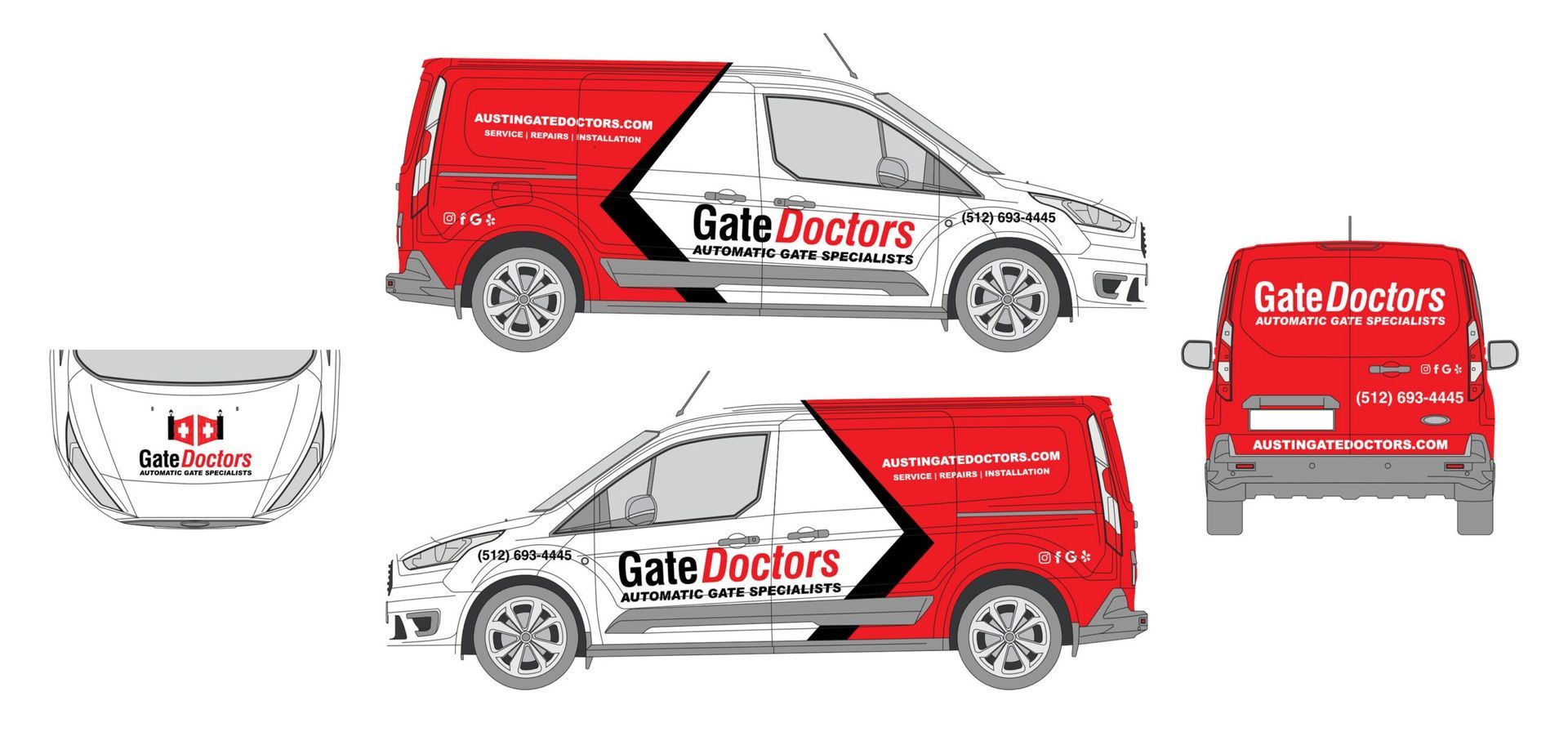 GateDoctors red and white van, side and rear views, with matching helmet and mug branding