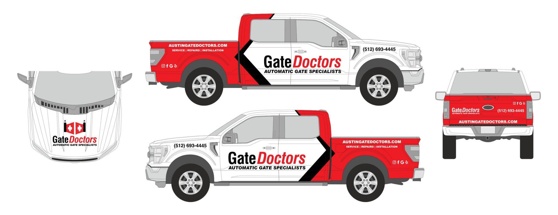 White and red Gate Doctors vehicles and trailer with company branding on white background