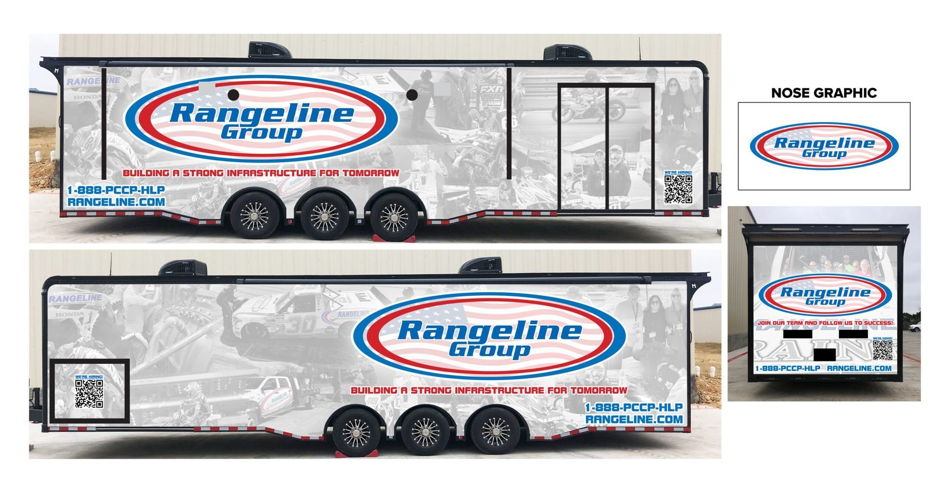 Rangerline cargo trailer mockups in silver and blue with oval logo, shown in two side views and one rear view