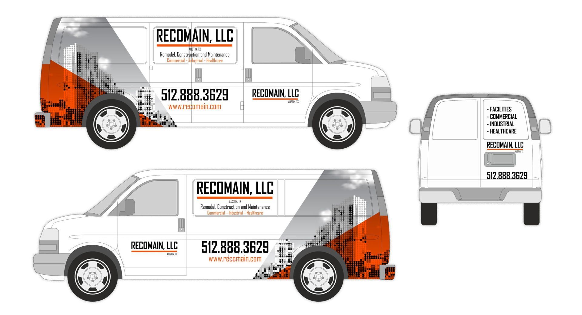White commercial van with black-and-orange business graphics and contact information, shown from side and rear views