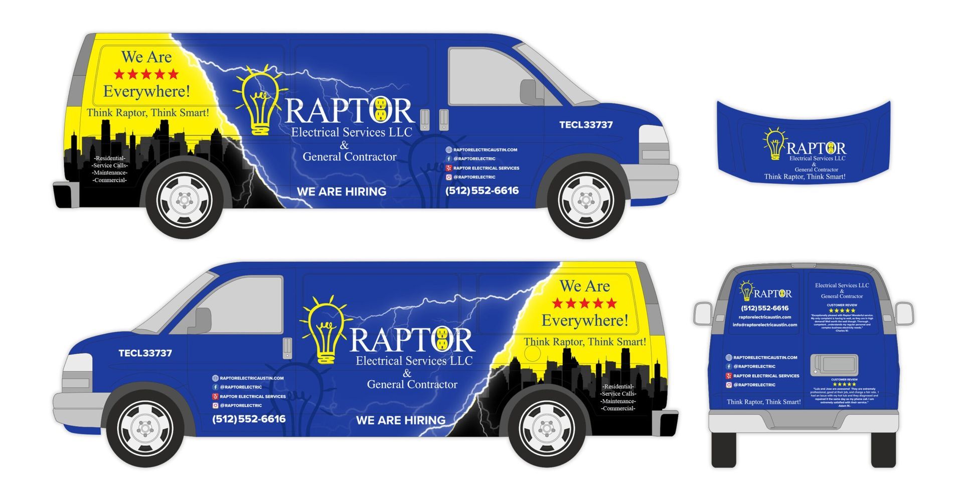 Blue and yellow Raptor II van wrap mockups shown in side, rear, and front views