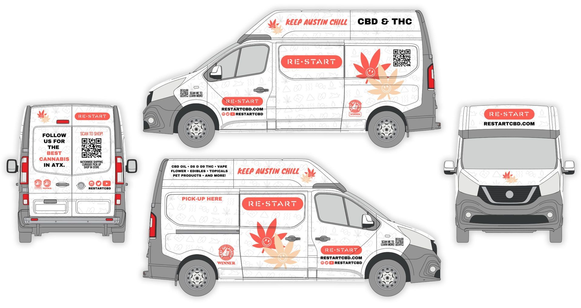White cannabis delivery van mockup shown from multiple angles with red logo and labels.