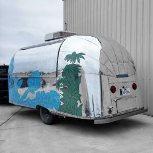 Silver trailer painted with blue waves and a green palm tree character, parked beside a building.