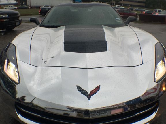 Front view of a white Chevrolet Corvette with a black hood stripe, parked outdoors on a wet lot.