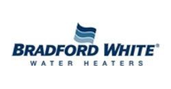 Bradford White Water Heaters logo: dark blue text, blue wave symbol.