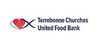 A logo for terrebonne churches united food bank with a heart and hands shaking.