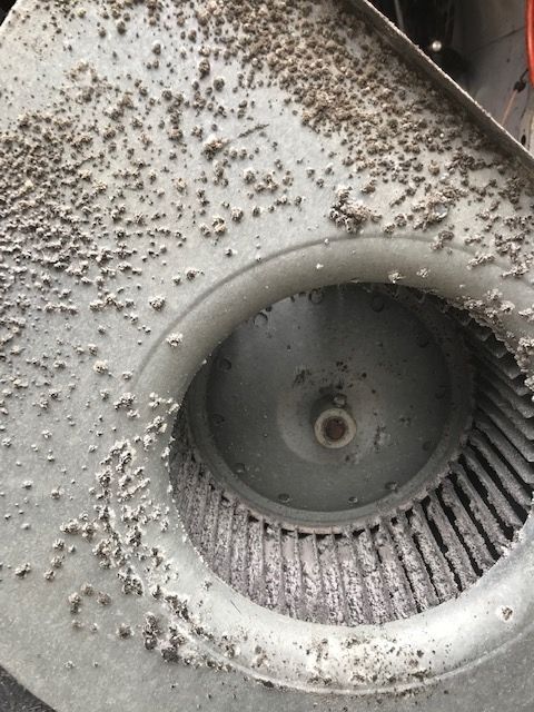 A close up of a fan with a lot of dust on it.