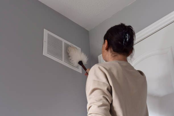 A woman is cleaning a vent with a duster.