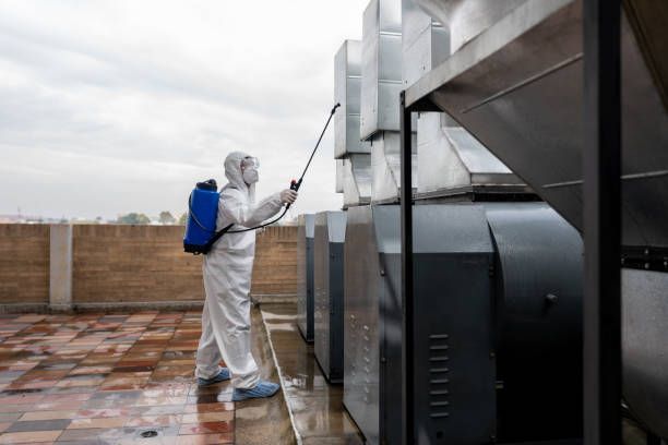 A man in a protective suit is spraying a roof with a sprayer.