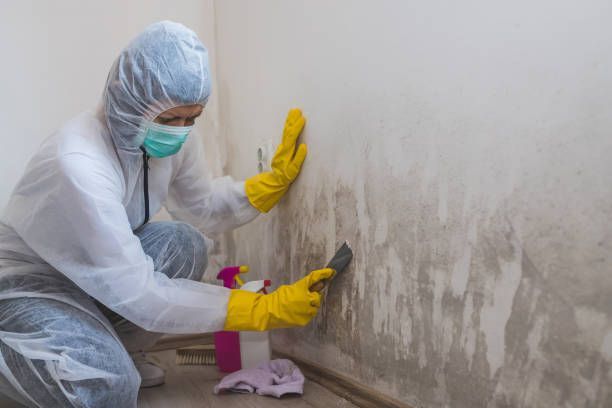 A person in a protective suit is cleaning a wall with a spatula.