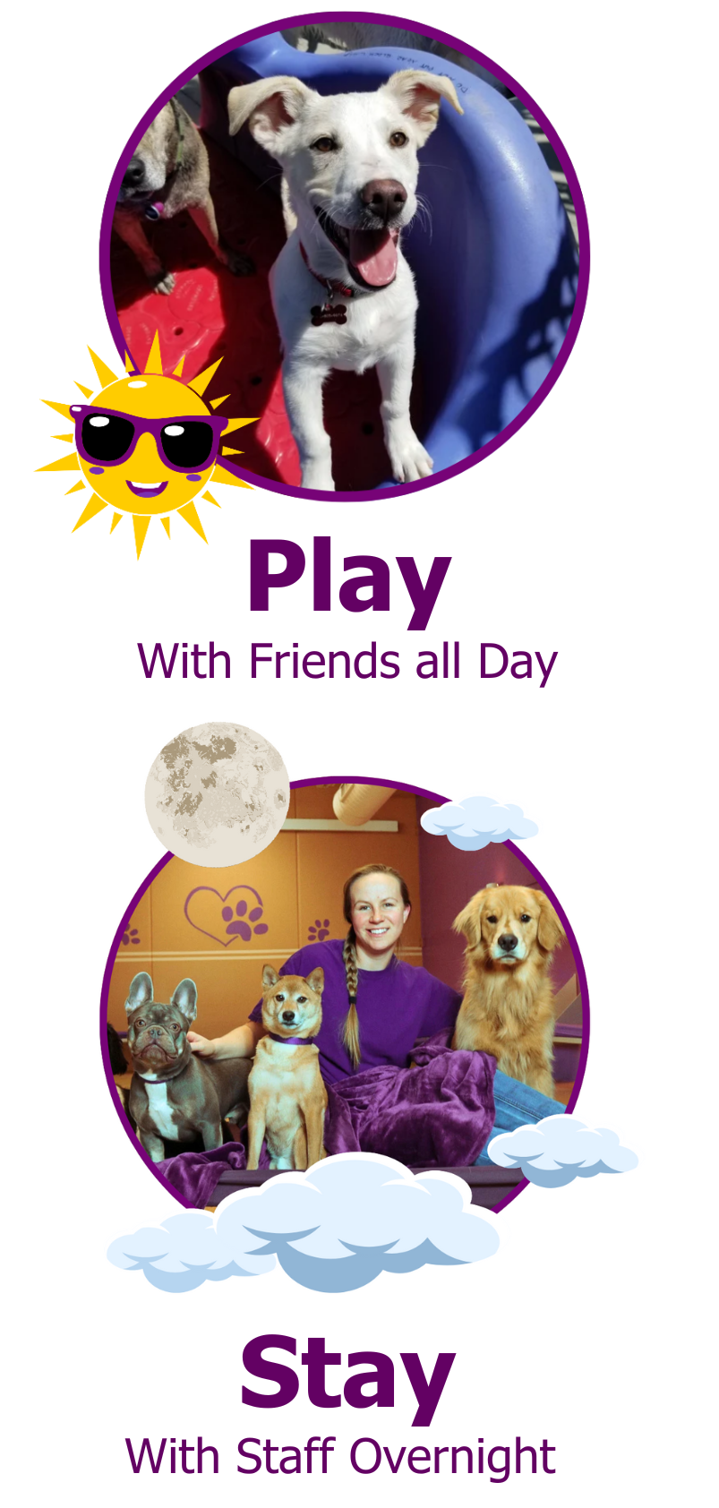 A poster that says play with friends all day and stay with staff overnight