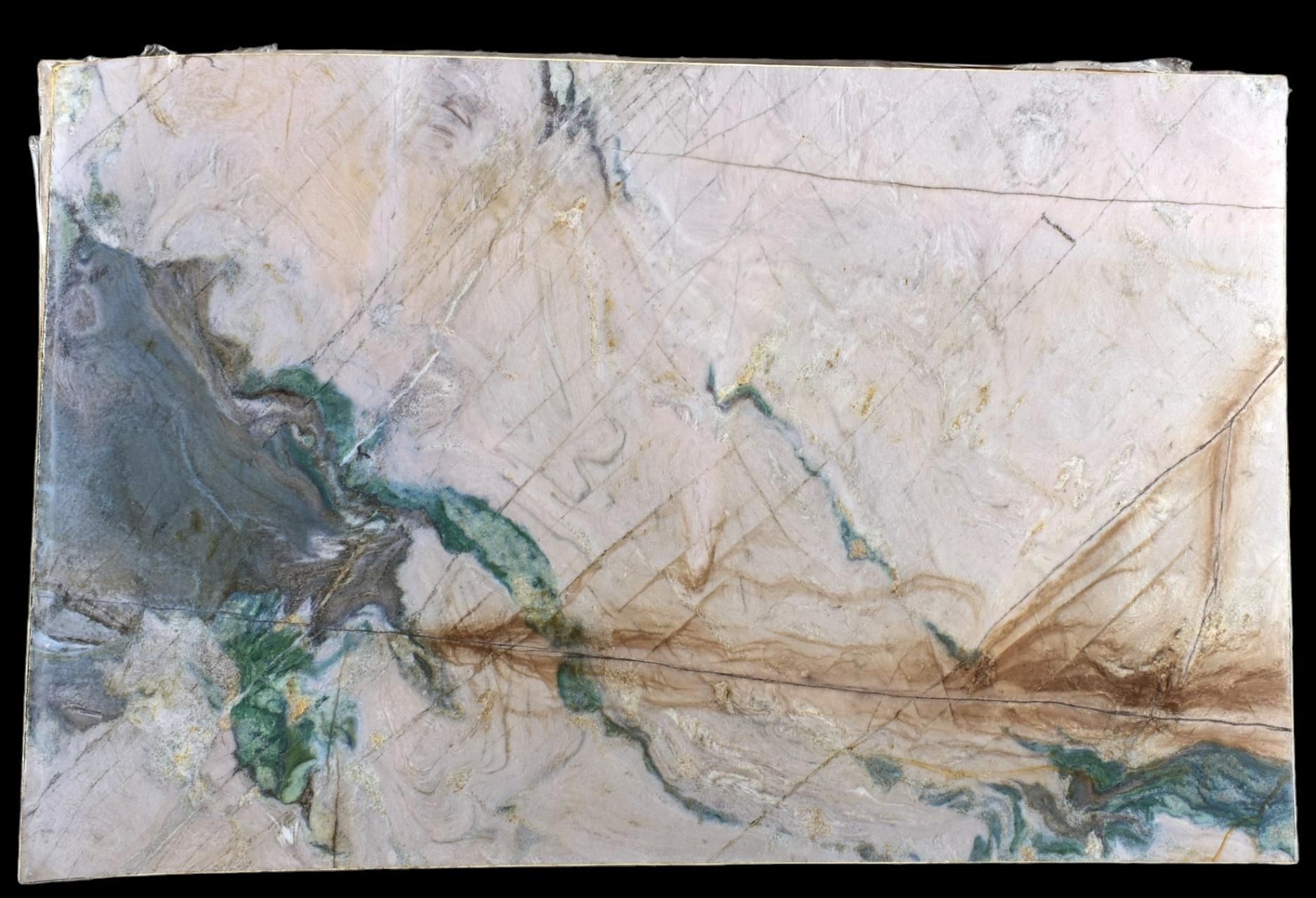A piece of marble with a painting on it on a black background.
