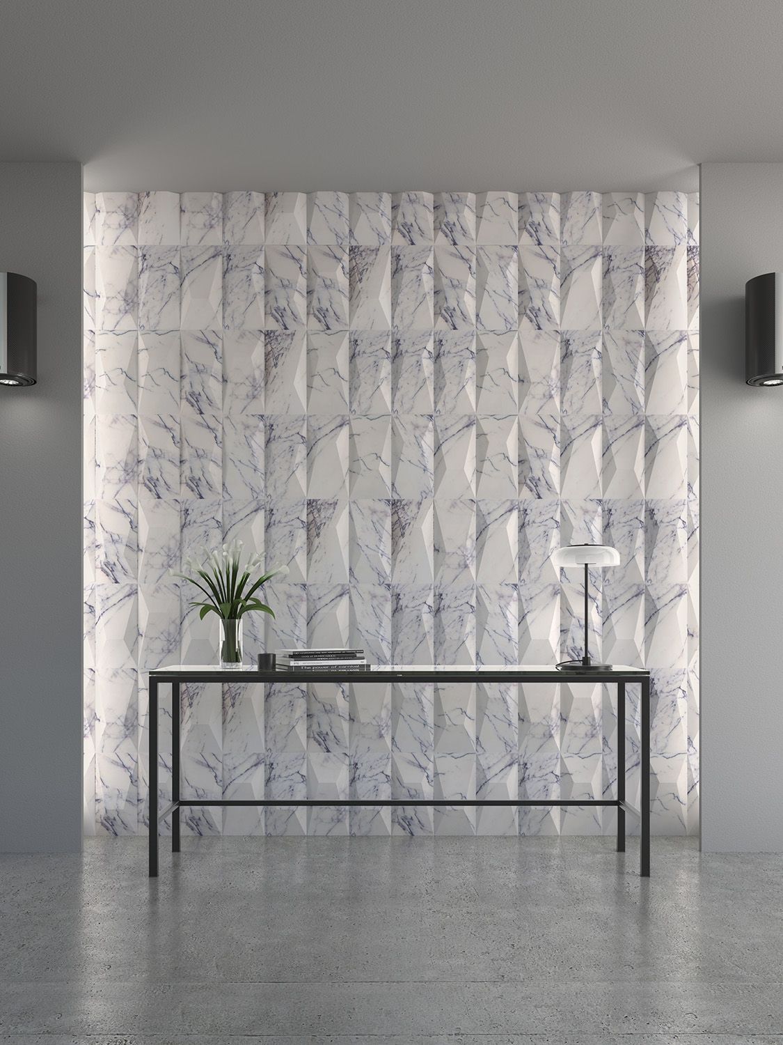 A room with a marble wall and a table in front of it