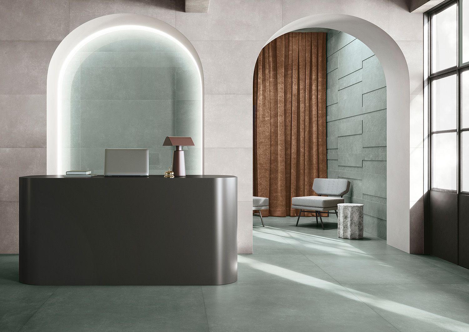 A reception area with a desk, chair, and window