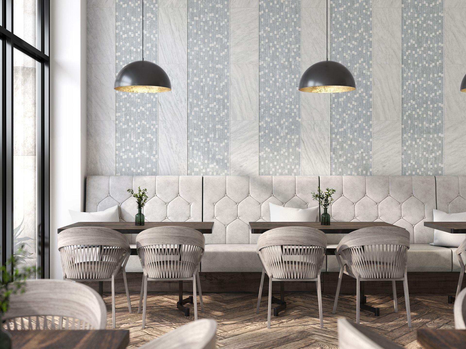 A restaurant with tables and chairs and a striped wall