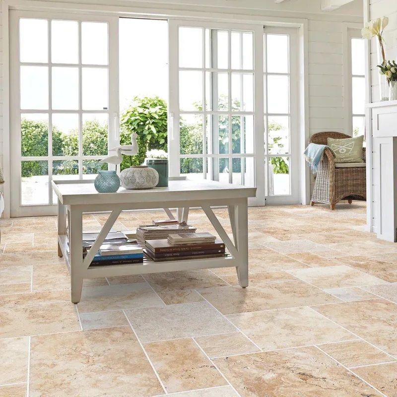 Olympus Beige Travertine Floor, Wall Tile - 4-Sized Pattern - Brushed, Chiseled, Installed in Living Room With Fireplace