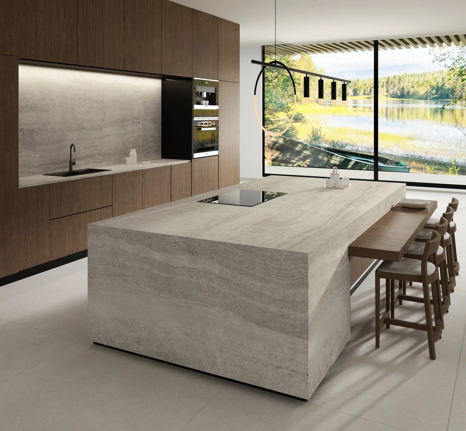 Modern kitchen with a large island and lake view window. Wooden cabinets and a stone countertop.