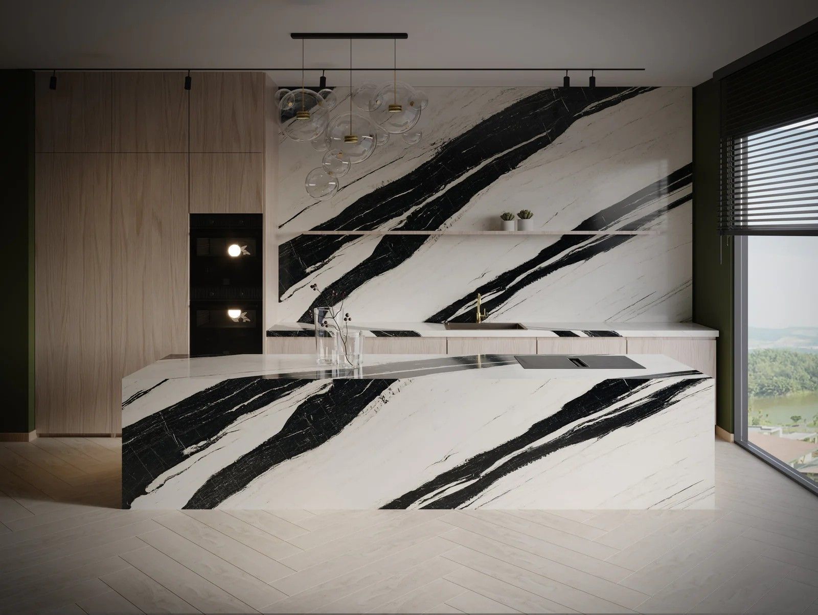 Modern kitchen with white countertops and bold black veining, wooden cabinets, and large window.