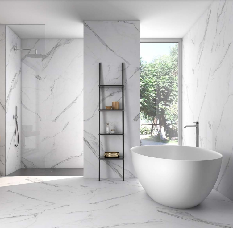 A bathroom with a bathtub and a ladder