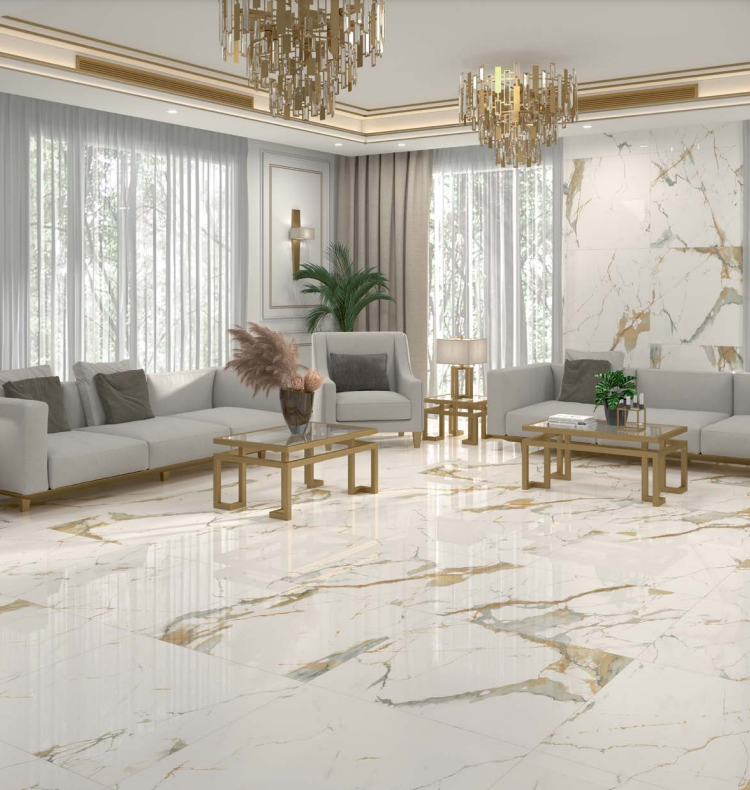 A living room filled with furniture and a marble floor.