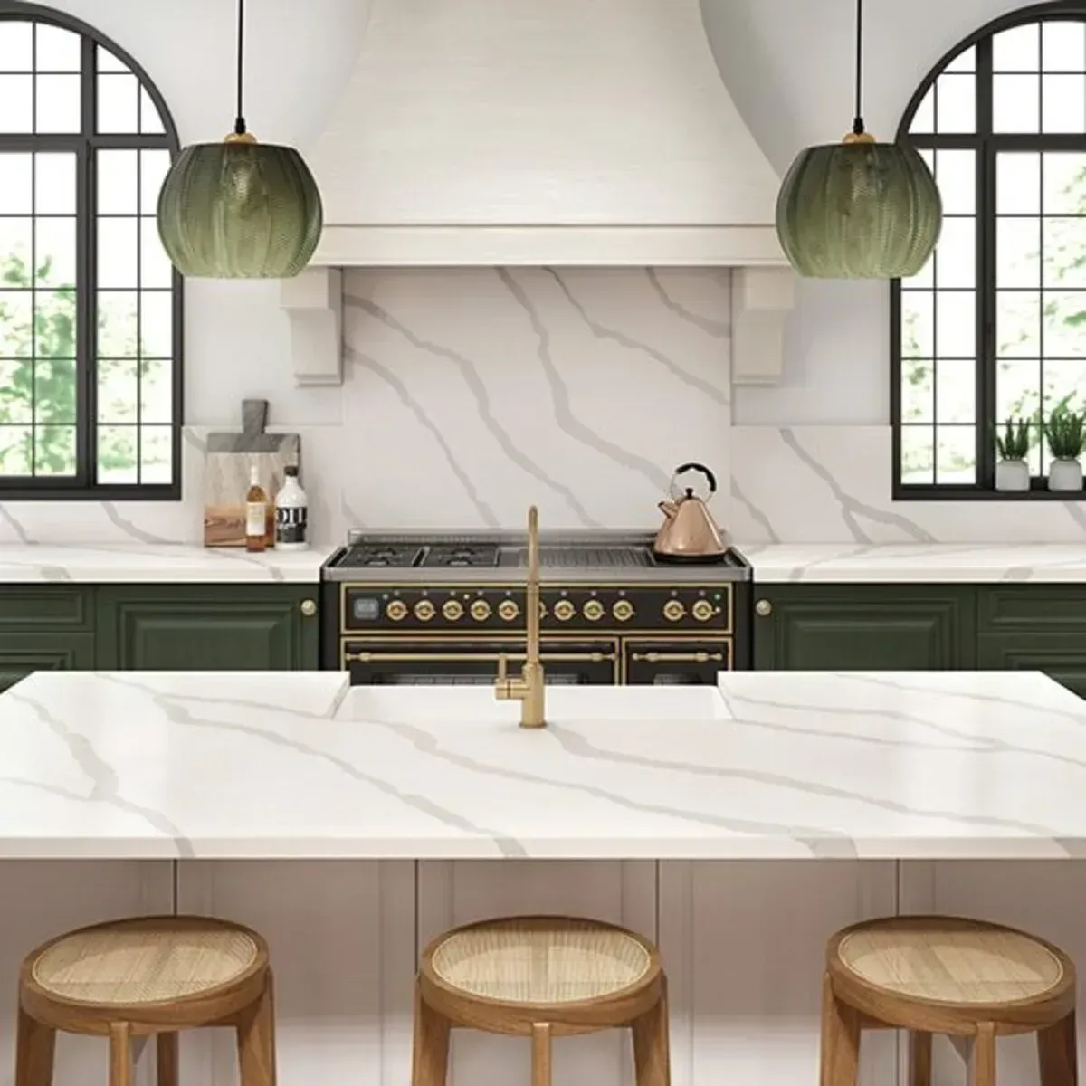 Kitchen with white countertops, green cabinets, and two arched windows. Decorative range hood and globe pendant lights.