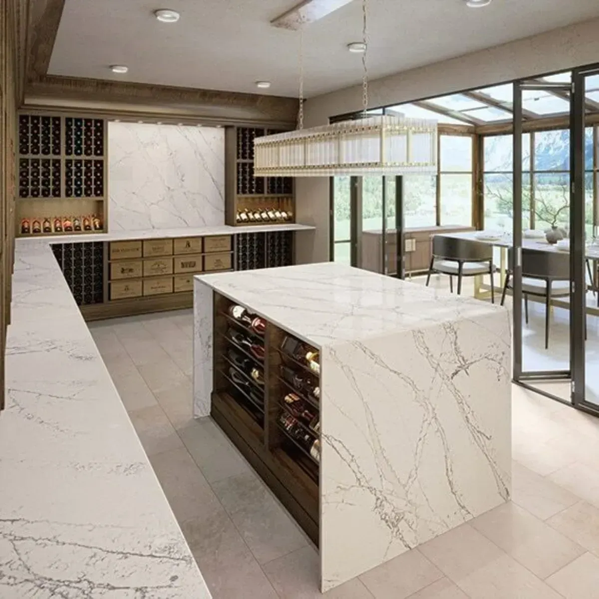 Wine cellar with marble countertops, wood cabinetry, and a dining area visible through glass doors.