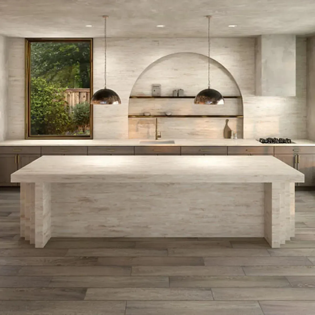 Modern kitchen with a large island, wood floors, arched shelving, and a window with a view.