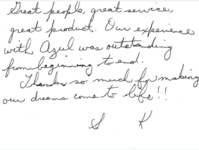 A handwritten note that says `` great people , great services , great product.