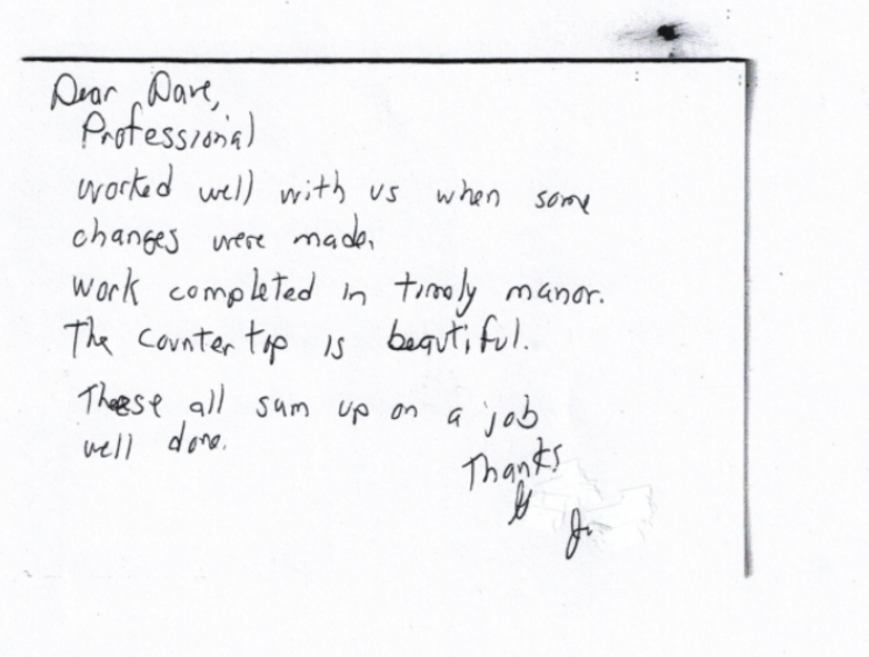 A handwritten note that says dear ray professionals worked well with us when some changes were made
