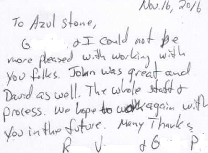 A handwritten note to azul stone on november 16th 2016
