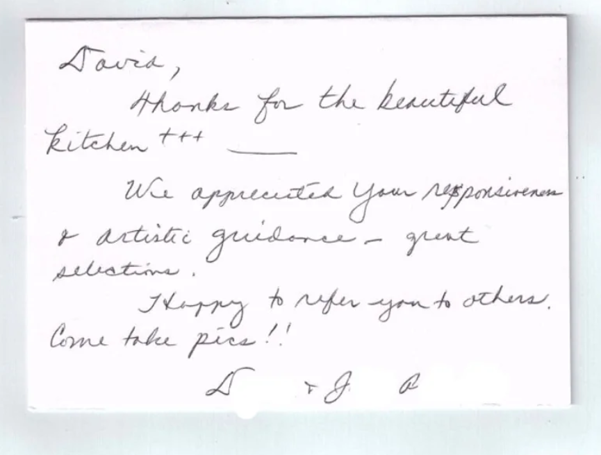 A handwritten note that says thanks for the beautiful kitchen