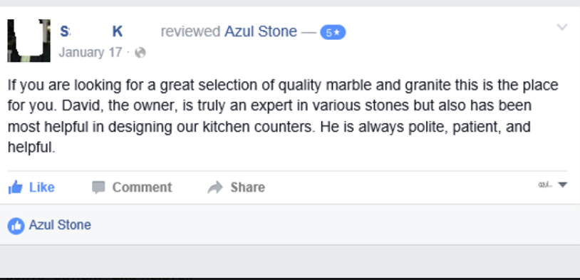 A facebook post that says ' if you are looking for a great selection of quality marble and granite this is the place for you '