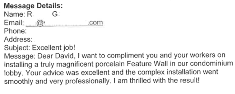 A message details the name r. g. email and phone