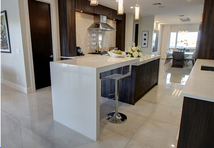 A kitchen with a large island and stools