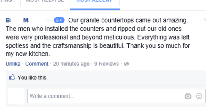 A facebook post that says our granite countertops came out amazing