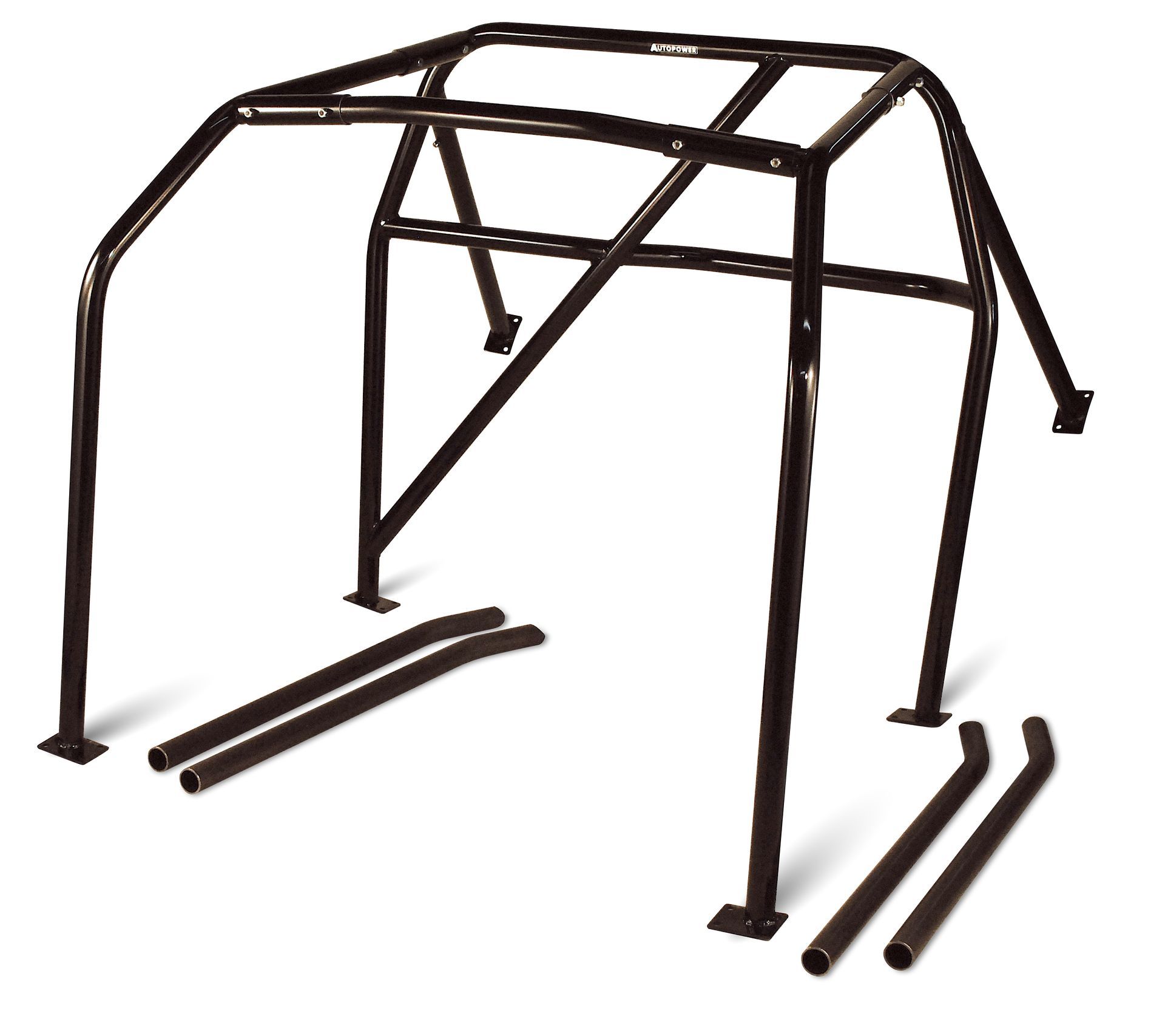 Black roll cage for a vehicle, with floor supports.