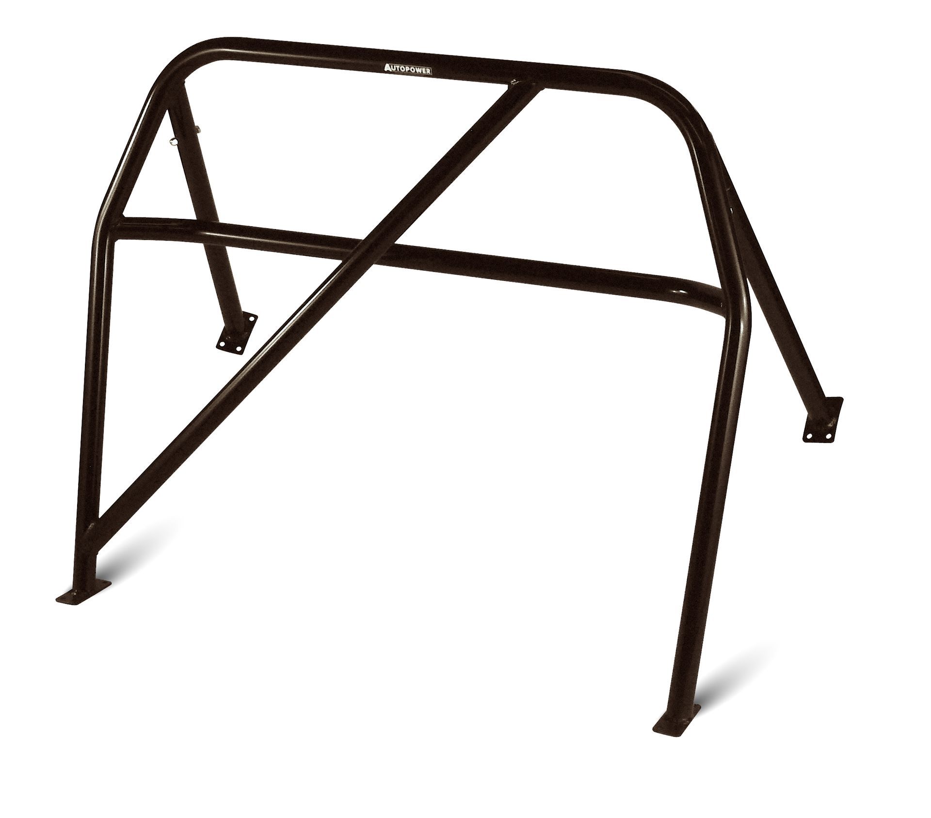 Dark brown race roll bar cage for a vehicle, with mounting plates.