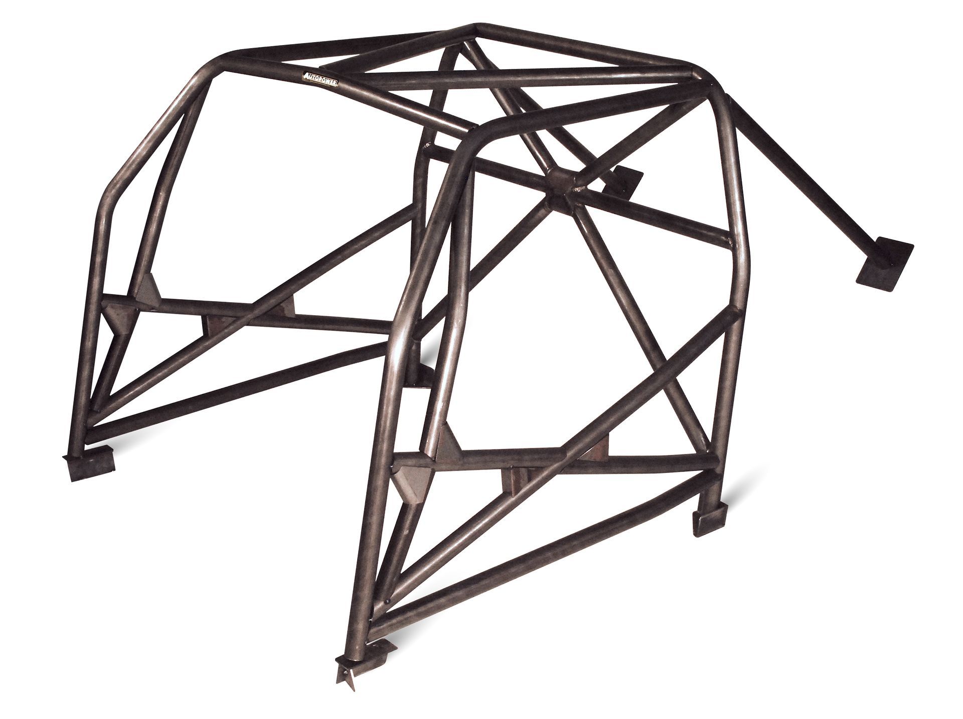 A black, welded rally  roll cage kit for a vehicle, with numerous steel bars forming a protective structure.