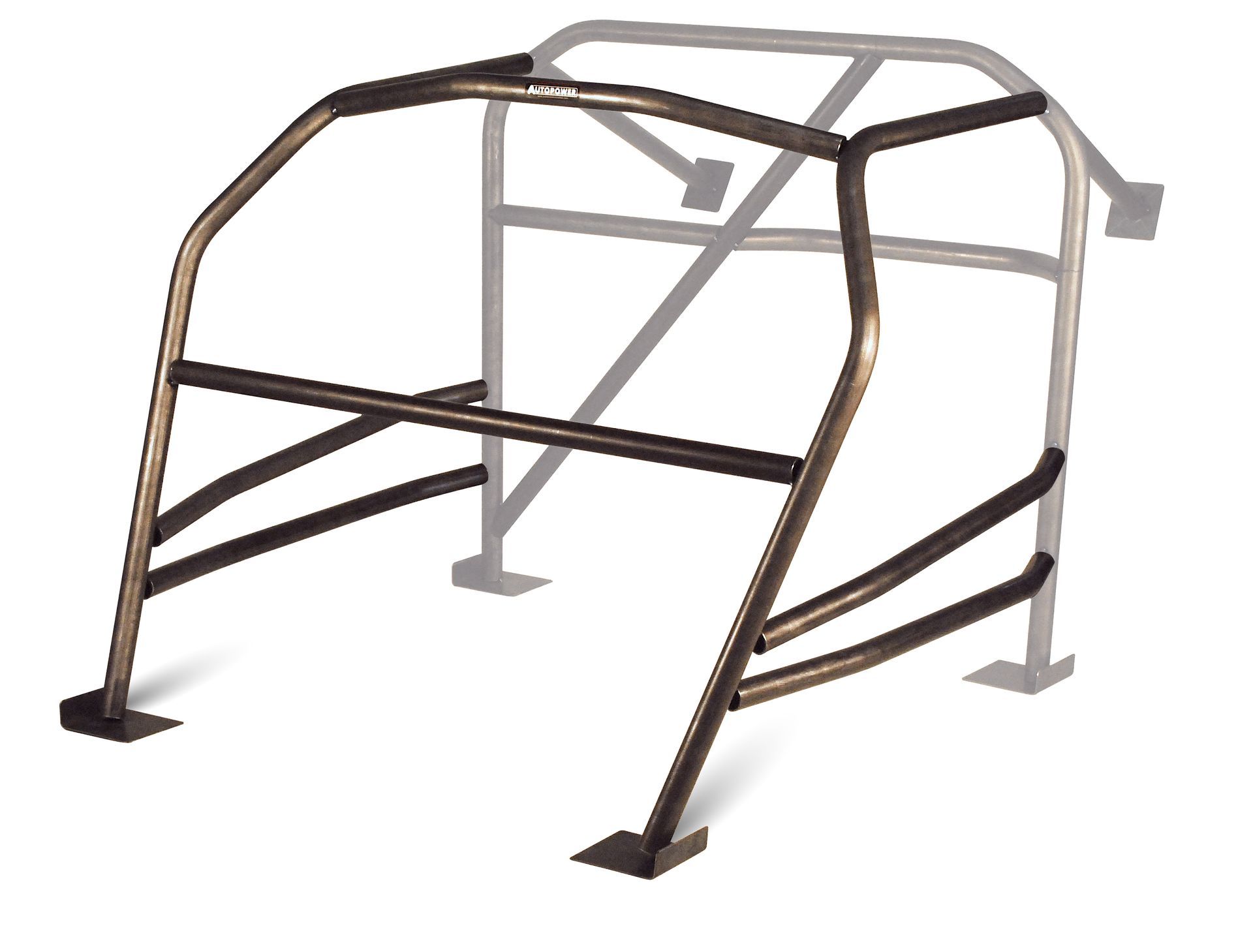 U-weld front cage kit, brown metal tubes bolted to a base, for a vehicle's interior safety