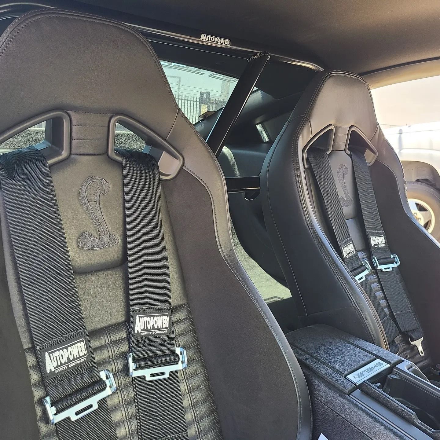 Black car seats with racing harnesses, roll cage visible. 